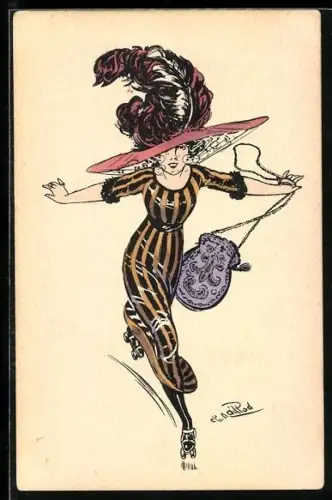 Künstler-AK Charles Naillod: Dame mit grossem Hut fährt auf Rollschuhen