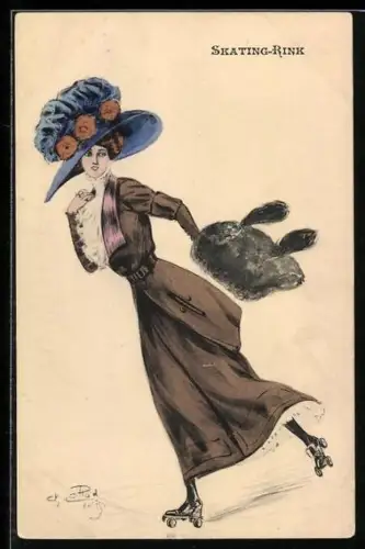 Künstler-AK Charles Naillod: Elegante Dame auf Rollschuhen