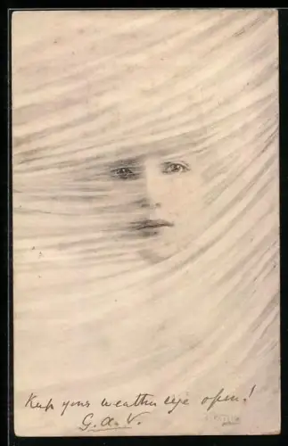 Künstler-AK B. Patella: Damengesicht hinter einem weissen Schleier