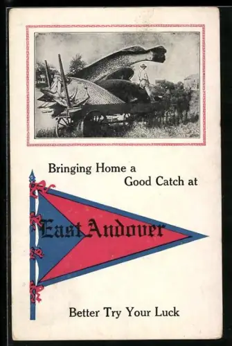 AK East Andover, Bringing Home a Good Catch, Riesenfisch als Fang auf dem Wagen