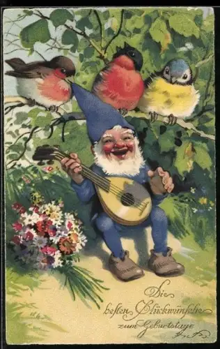 Künstler-AK F. Baumgarten: Zwerg mit Laute und Vögeln