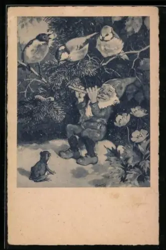 Künstler-AK Fritz Baumgarten: Zwerg spielt Querflöte für Frosch und Vögel