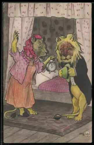 AK Löwenfrau schimpft ihrem Mann aus weil er so spät zu Hause ist
