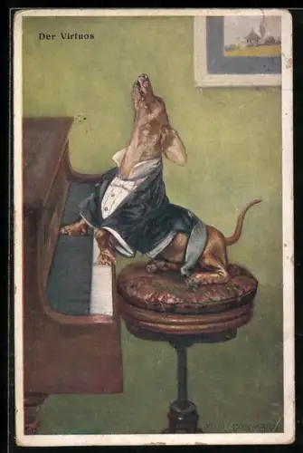 Künstler-AK vermenschlichter Dackel spielt Klavier