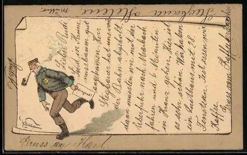 Künstler-AK sign. Schliessmann: Postbote mit Pfeife und dringendem Brief in der Hand