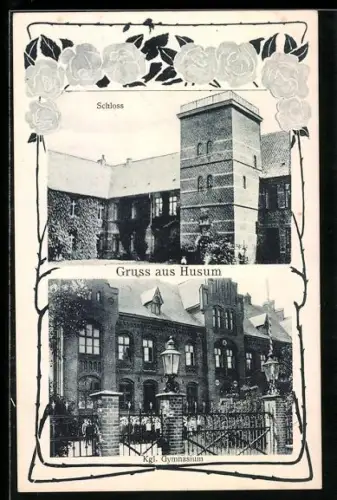 AK Husum, Partie am Königlichen Gymnasium mit Schülern, Rosen im Passepartout