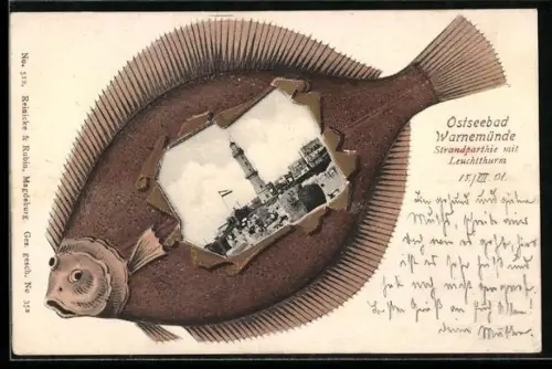 Grusskarten-AK Warnemünde, Strandpartie mit Leuchtturm in einem Fisch-Passepartout