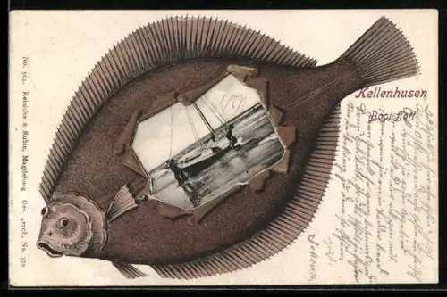 Grusskarten-AK Kellenhusen, Matrosen bei einem Segelboot am Strand, Fisch-Passepartout