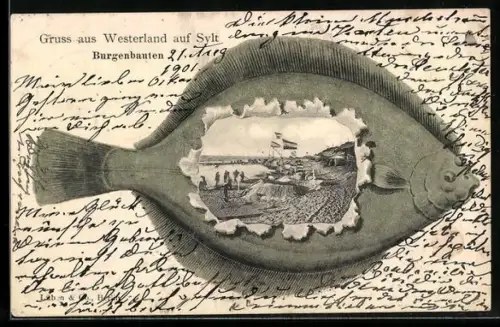 Grusskarten-AK Westerland auf Sylt, Burgenbauten am Strand mit Fisch-Passepartout