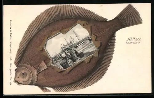 Grusskarten-AK Ahlbeck, Strandleben mit Segelschiffen und Körben in einem Fisch-Passepartout