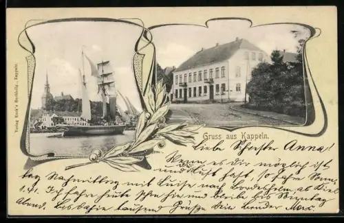 AK Kappeln, Teilansicht des Ortes vom Wasser aus mit Segelschiff und Herrenhaus