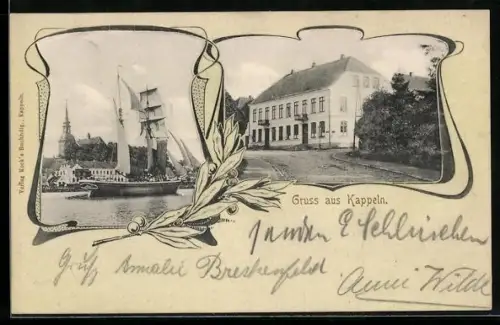 AK Kappeln, Teilansicht des Ortes vom Wasser aus mit Segelschiff und Herrenhaus