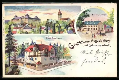 Lithographie Augustusburg, Ortspanorama, Knorr`s Gasthof und Café Seeliger