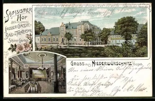 Lithographie Niederwürschnitz i. Erz, Innen- und Aussenansicht des Sächsischen Hofs, Bes. M. Lorenz