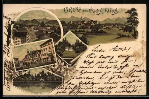 Lithographie Bad Aibling, Kurhotel am Marktplatz, Milchhäusl, Irlachsee