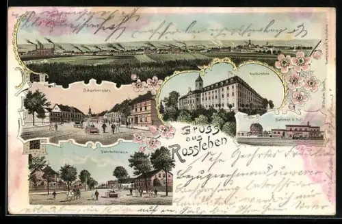 Lithographie Rossleben, Totalansicht, Klosterschule, Bahnhof und Partie am Schenkenplatz