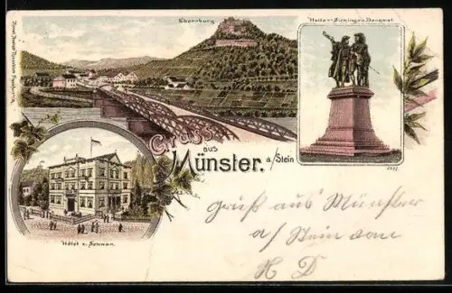 Lithographie Münster a/Stein, Hôtel zum Schwan, Ebernburg, Hutten-Sickingen-Denkmal