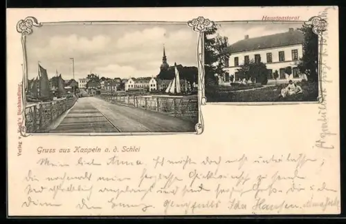 Passepartout-AK Kappeln /Schlei, Hauptpastorat, Brücke mit Blick auf den Ort