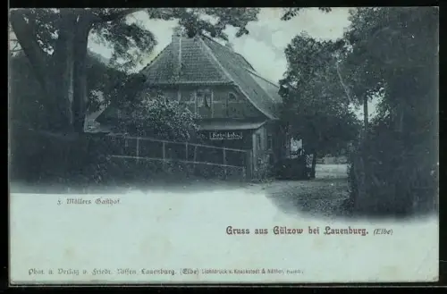 AK Gülzow bei Lauenburg, Partie beim Gasthof von F. Möllers mit Kegelbahn