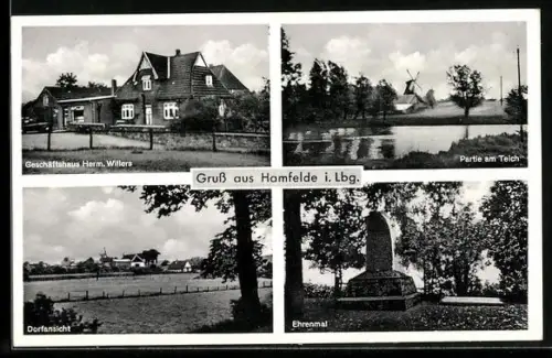 AK Hamfelde i. Lbg., Geschäftshaus von Herm. Willers, Partie am Teich, Ehrenmal und Gesamtansicht