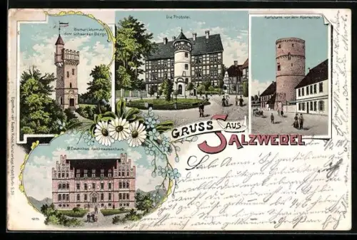 Lithographie Salzwedel, Probstei, Karlsturm, Bismarckturm und Deutsches Reichswaisenhaus