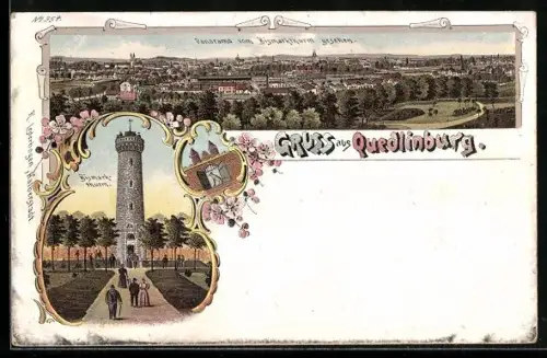 Lithographie Quedlinburg, Totalansicht vom Bismarckturm und Bismarckturm