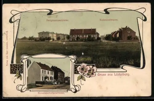 Passepartout-AK Löderburg, Panorama Bergmannstrasse und Koloniestrasse, Partie in der Neustassfurterstrasse