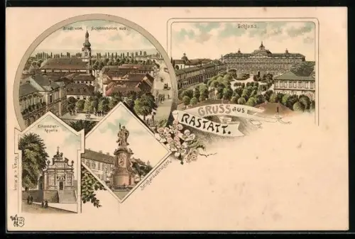 Lithographie Rastatt, Schloss, Einsiedler-Kapelle, Bernhardusbrunnen