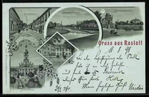 Mondschein-Lithographie Rastatt, Partie im Schwanengarten und der Poststrasse, Stadtkirche, Einsiedlerkapelle