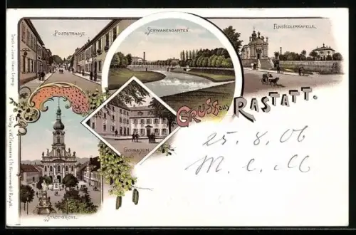 Lithographie Rastatt, Gymnasium, Stadtkirche, Einsiedlerkapelle, Pferdekutsche