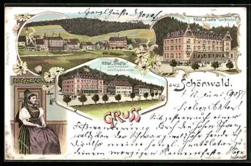 Lithographie Schönwald, Hotel Siedle zum Hirschen mit Dependancen, Frau in Tracht