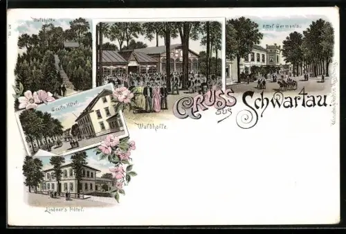 Lithographie Schwartau, Geertz Hotel, Lindners Hotel, Waldhütte und Hotel Germania