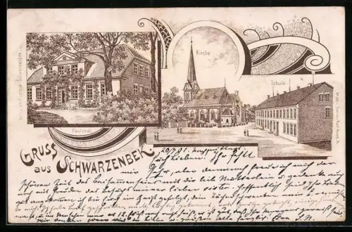 Lithographie Schwarzenbek, Kirche, Schule und Pastorat