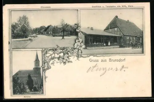 AK Brunstorf, Chaussee, Gasthaus v. Wilh. Klein, Kirche