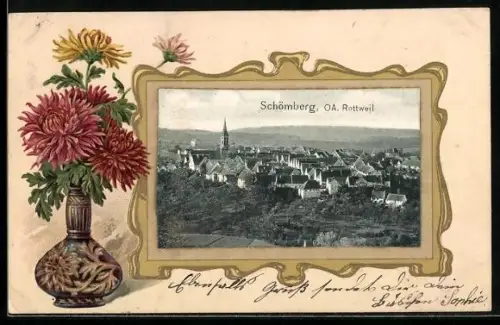 Passepartout-Lithographie Schömberg /OA., Ortsansicht im Rahmen mit Blumenvase