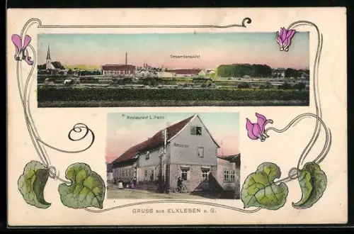 Passepartout-Lithographie Elxleben a. G., Restaurant L. Hess mit Strasse, Gesamtansicht, Alpenveilchen