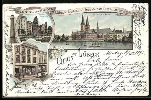 Vorläufer-Lithographie Lübeck, 1895, Geibel-Denkmal, Museum & Dom, Henning v. Minden