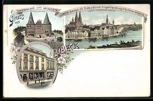 Lithographie Lübeck, Drogerie & Parfümeriefabrik Henning von Minden, Breitestrasse 59, Holstentor