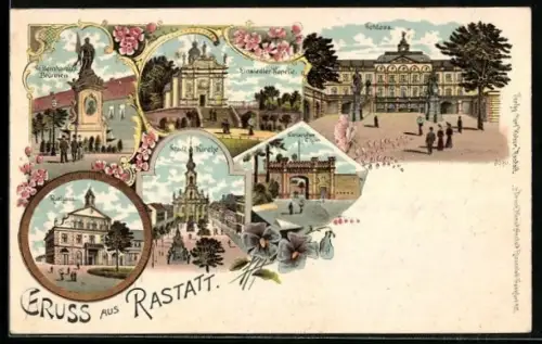 Lithographie Rastatt, Rathaus, Stadtkirche, Karlsruher Tor, Schloss und Einsiedlerkapelle