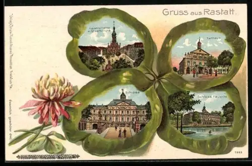 Passepartout-Lithographie Rastatt, Ortsansicht mit Schloss und Rathaus