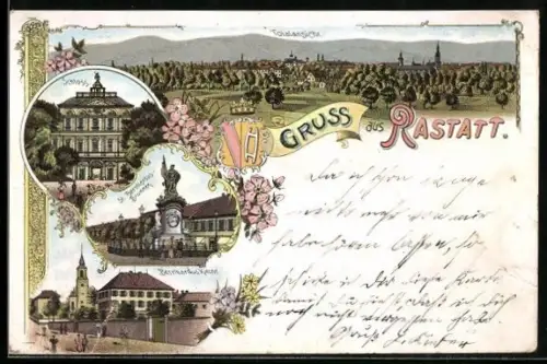 Lithographie Rastatt, Schloss, St. Bernhards-Brunnen, Bernhards Kirche