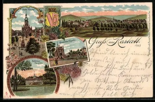 Lithographie Rastatt, Kath. Kirche mit Einsiedler Kapelle