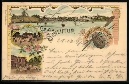 Lithographie Schlutup, Böge`s Gasthof zum Schwan, Steenhagen`s Gasthof z. Post