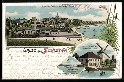 Lithographie Schlutup, Tiemann`s Gasthaus zur Mühle, Totalansicht