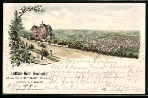 AK Stuttgart, Luftkur-Hotel Buchenhof, Besitzer C. F. Wanner, Fernblick auf Stuttgart