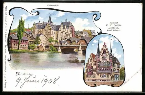 Passepartout-AK Marburg, Haus Fronhof H. W. Pfeiffer, Ortspartie mit Universität