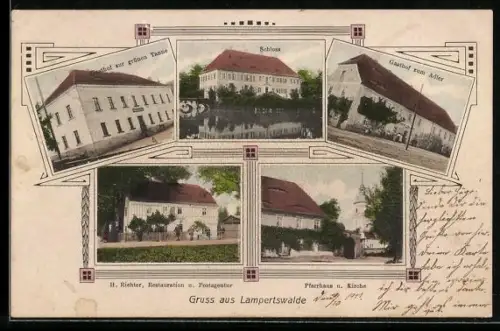 AK Lampertswalde, Restaurant v. H. Richter, Post, Gasthof zur grünen Tanne, Gasthof zum Adler, Schloss