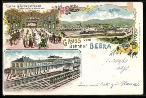Lithographie Bebra, Totalansicht, Bahnhof m. Eisenbahnen, Carl Schwerdtfegers Bahnhofsreataurant