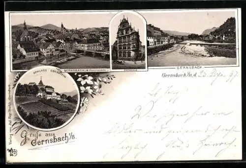 Lithographie Gernsbach, Rathaus, Hauptansicht und Schloss Eberstein