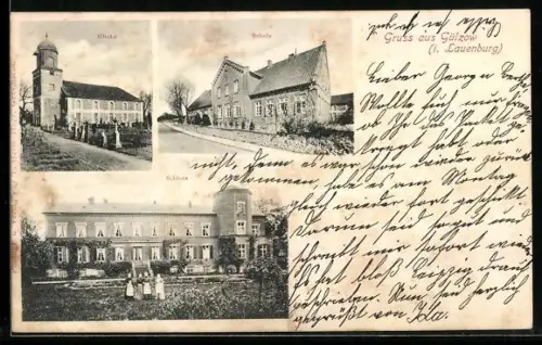 AK Gülzow i. Lauenburg, Schloss, Kirche, Schule